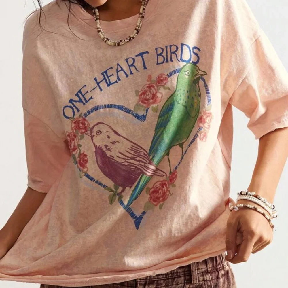 One-Heart Birds Oversized Graphic Tee in Peach, boho vibes size Large, cotton - Picture 3 of 5